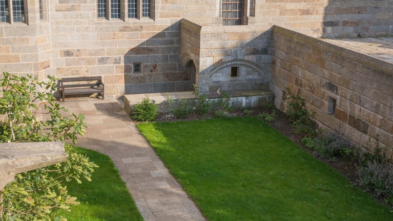 The view from the forecourt, looking down at the chapel garden below.